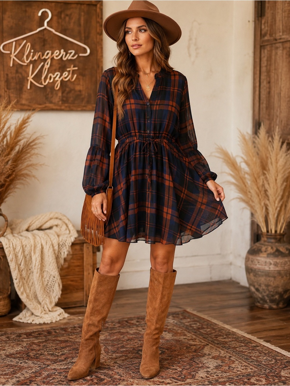 Sandy & Sid XL Plaid Semi-Sheer Boho Dress | Statement Sleeves | Fall